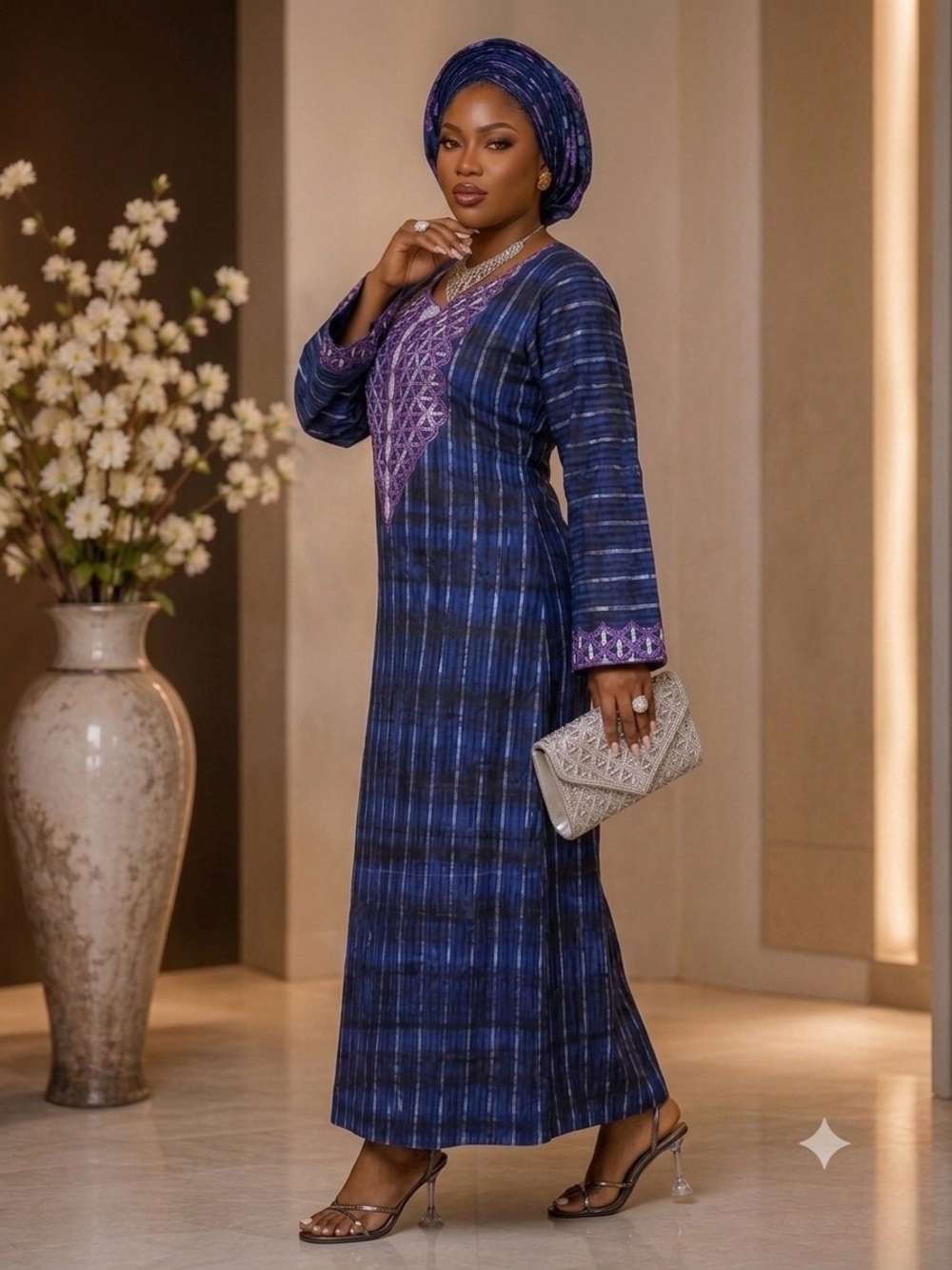 African Adire Embroidered Navy and Purple Long-Sleeve Dress